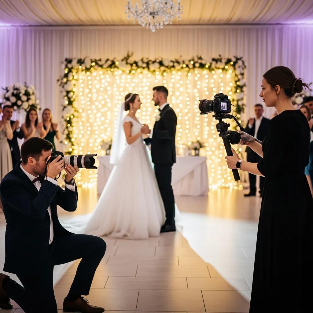 Photographer and videographer collaborating at a wedding, capturing first dance