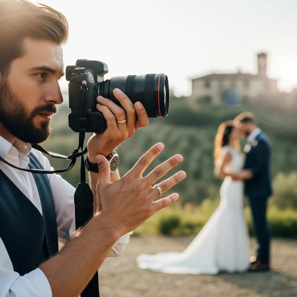Photographer capturing a couple with editorial artistry, highlighting the creative process in luxury wedding photography