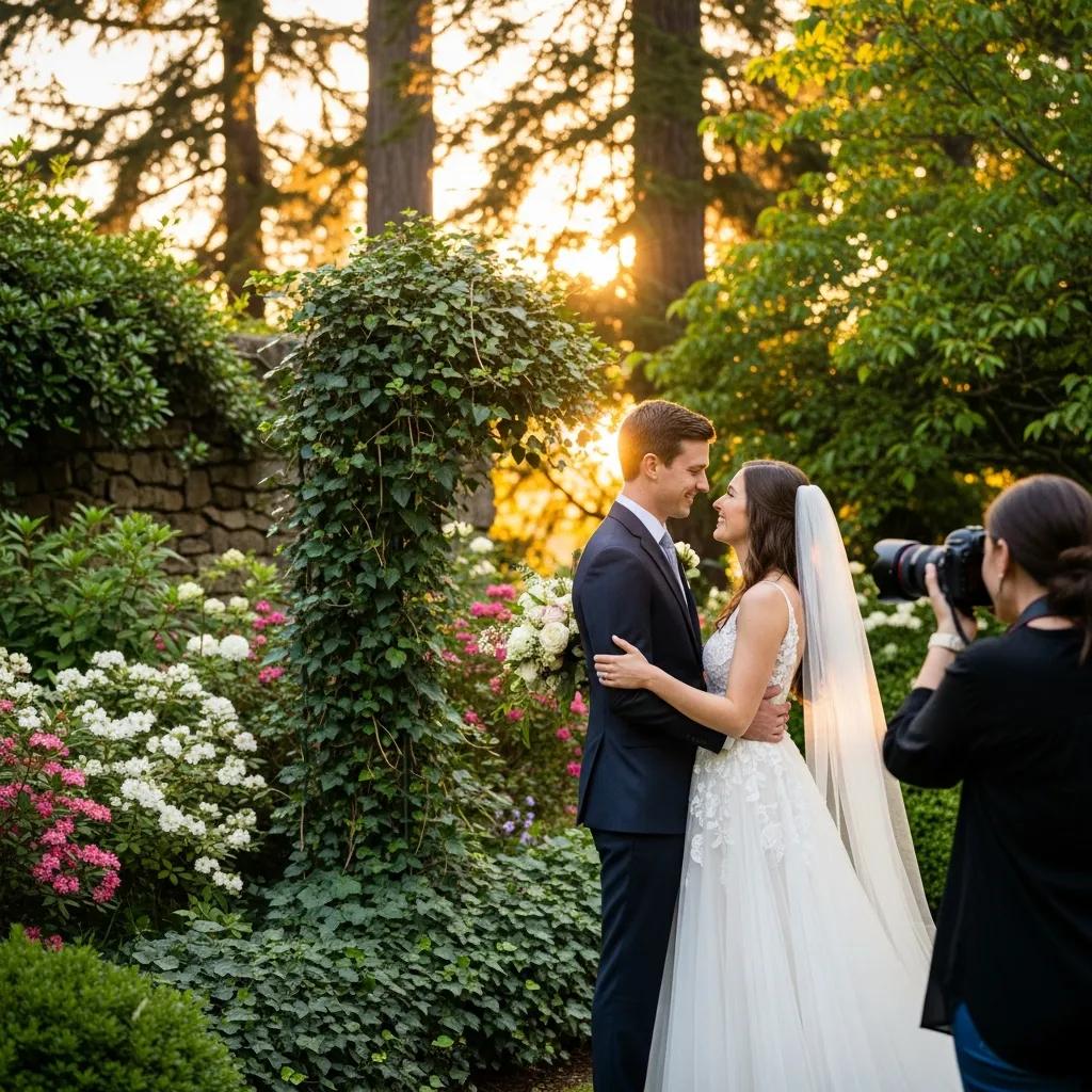 Photographer capturing a couple's first look at golden hour, highlighting the editorial potential of well-timed portraits