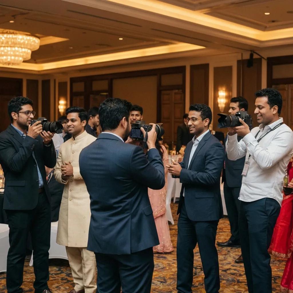 Photographers capturing moments at a wedding event, showcasing a lively atmosphere with guests enjoying the celebration.