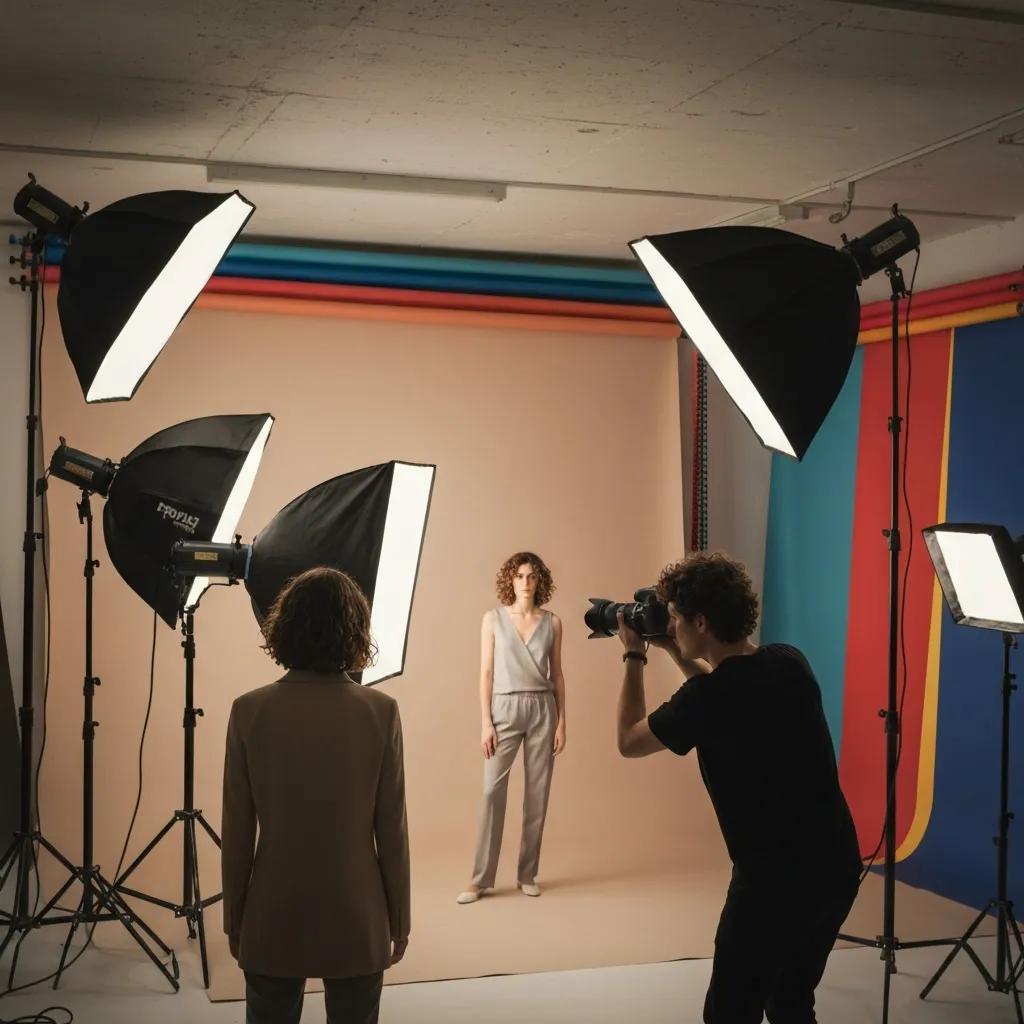 Photography studio with professional lighting and a model being photographed
