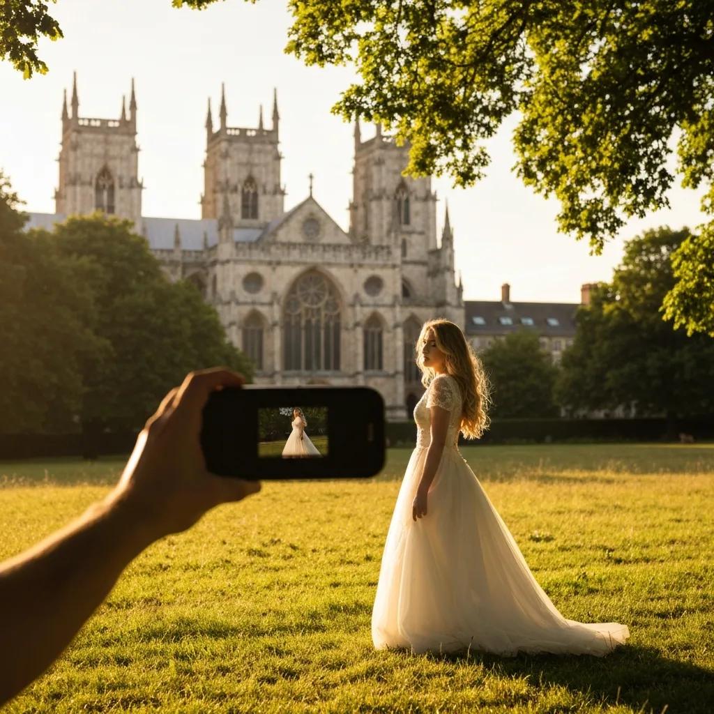 Professional photographer capturing a bride in a wedding dress with York Minster in the background during golden hour.