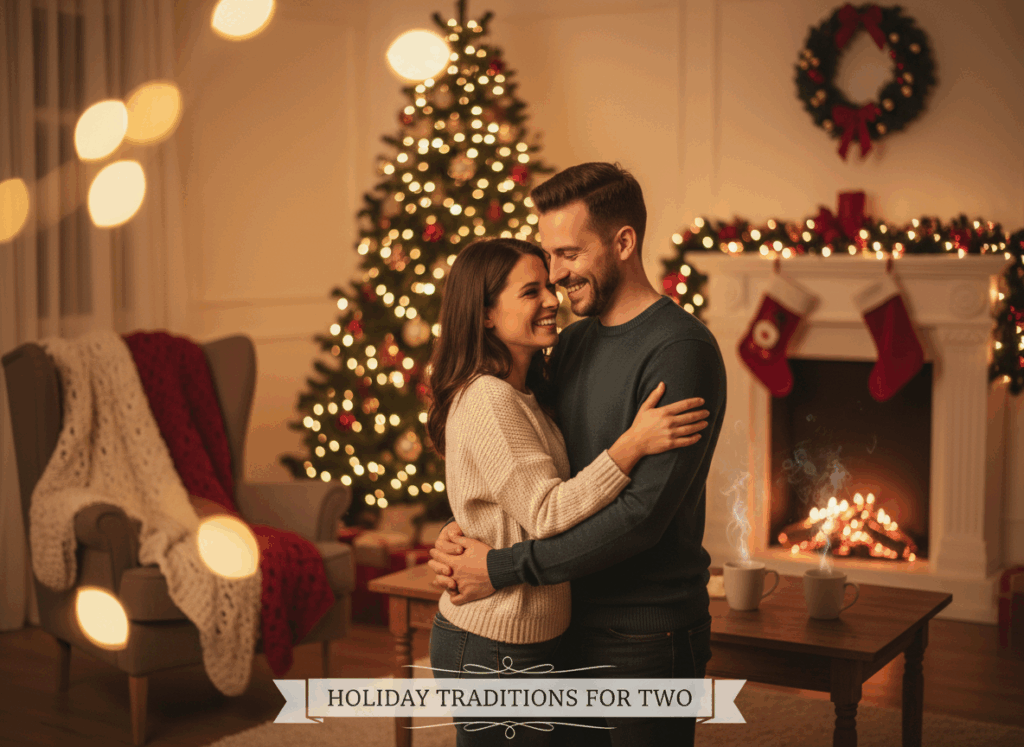 Cozy couple embracing in front of a decorated Christmas tree and fireplace, celebrating holiday traditions for two.
