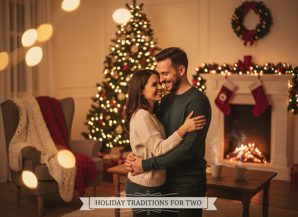 Romantic couple embracing in cozy holiday setting, decorated Christmas tree and fireplace in background, capturing intimate moments for wedding photography inspiration.