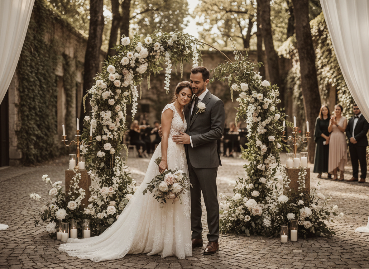 a bride and groom sharing an unposed, heartfelt moment on their wedding day. The scene is softly lit, surrounded by elegant florals and timeless décor, capturing authentic emotion and subtle, genuine details—perfect for luxury wedding storytelling