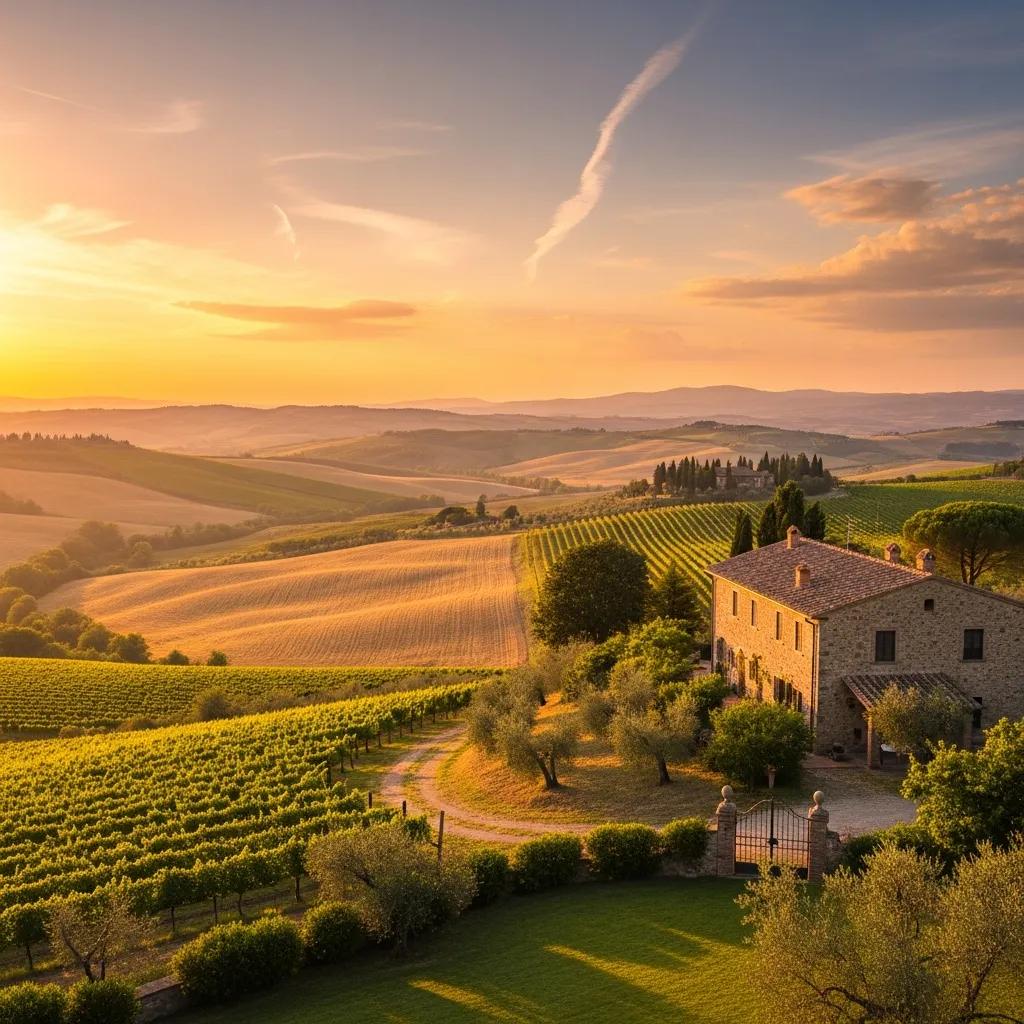 Scenic view of Tuscany, Italy, highlighting rolling hills and a villa, ideal for luxury wedding photography