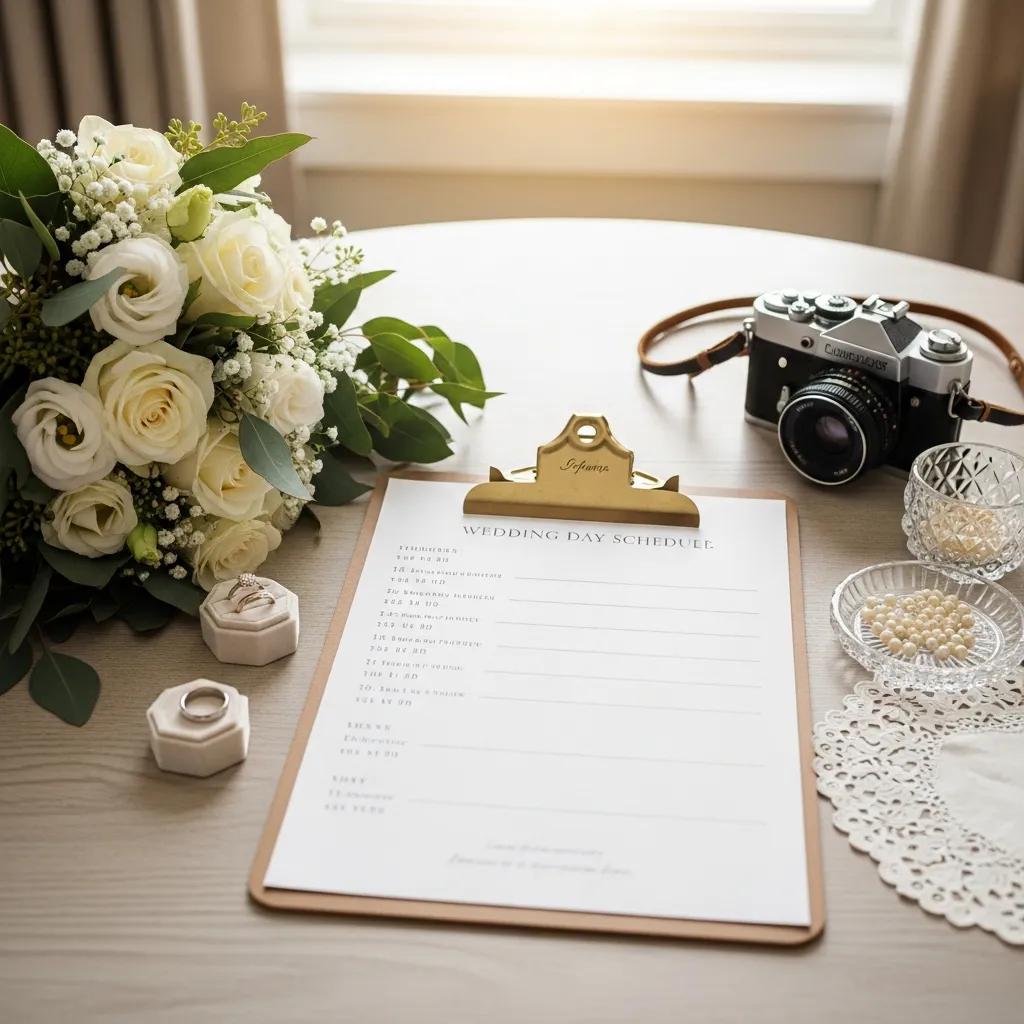 Stylish wedding-day schedule on a clipboard with wedding items, illustrating a thoughtfully paced luxury photography timeline