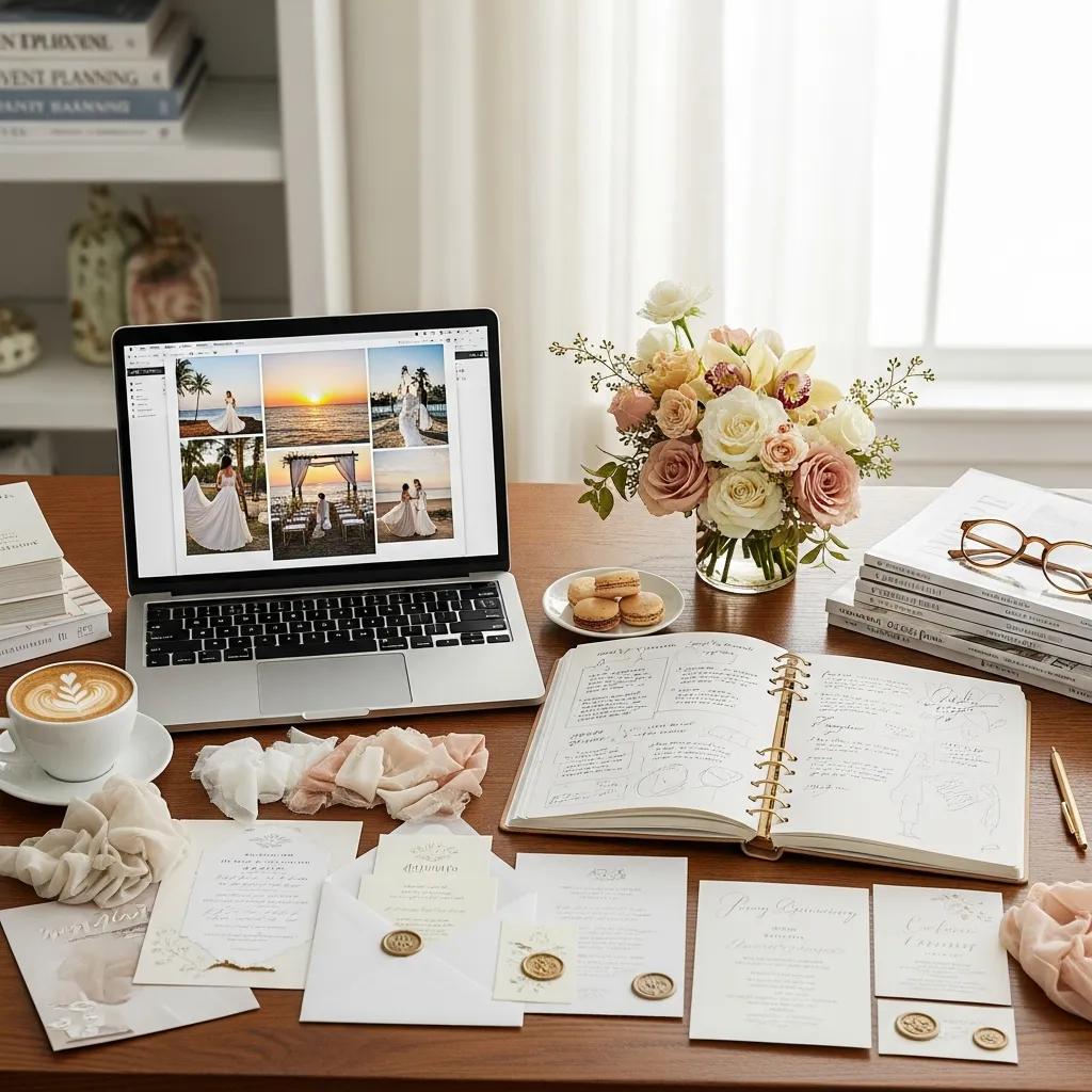 Stylish wedding planning workspace with planner, laptop, and floral arrangements, representing stress-free planning