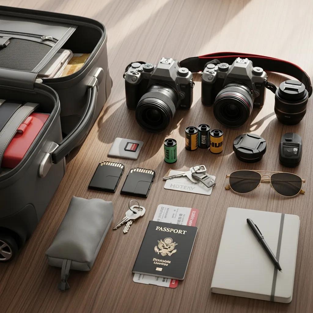 Travel components for wedding photography including suitcase, camera gear, and flight tickets