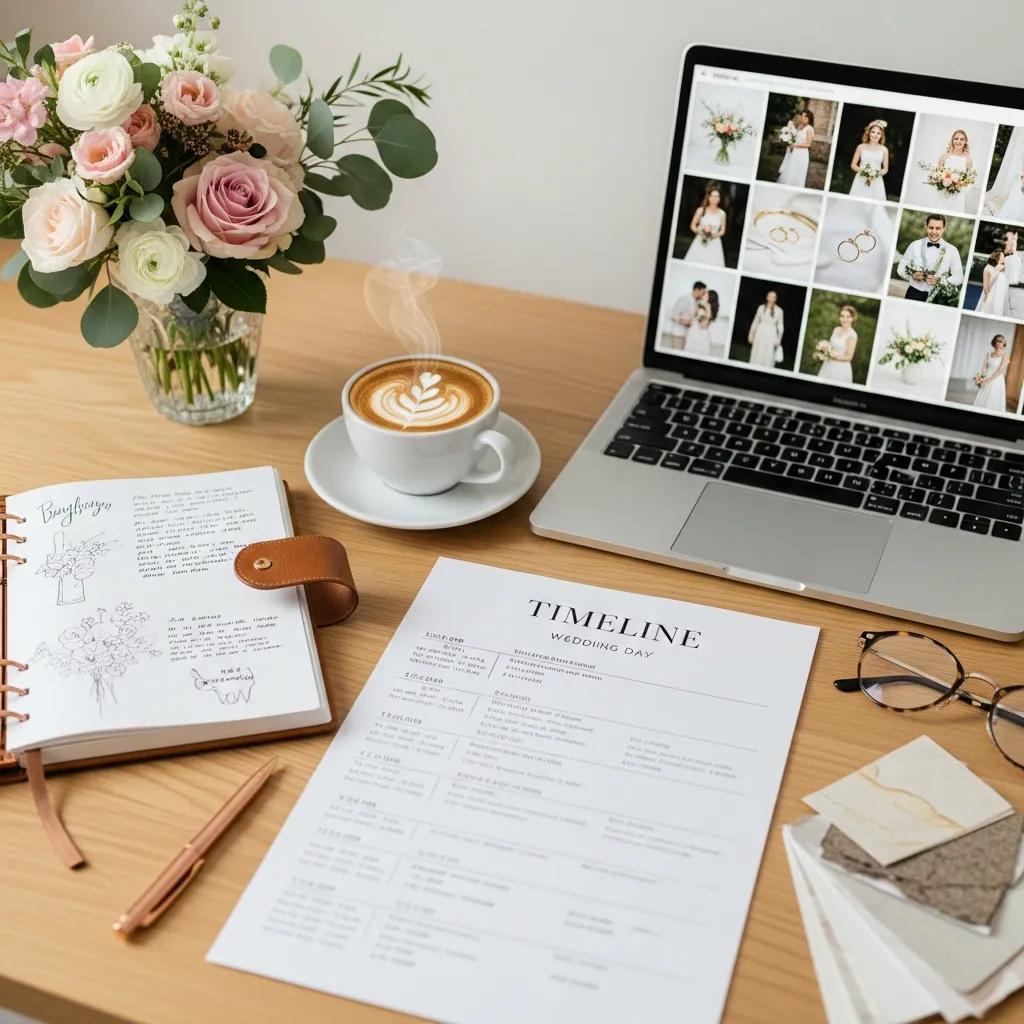 Wedding planner's desk with timeline document and photography samples, emphasizing personalized planning