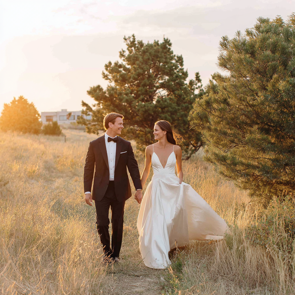 Golden hour walking shot—movement, laughter, wind, real interaction.
Alt text idea: Unposed wedding portraits during golden hour
