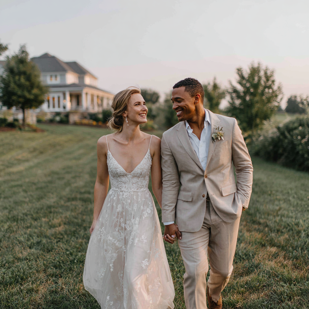 Documentary wedding photo of a couple walking together at golden hour
