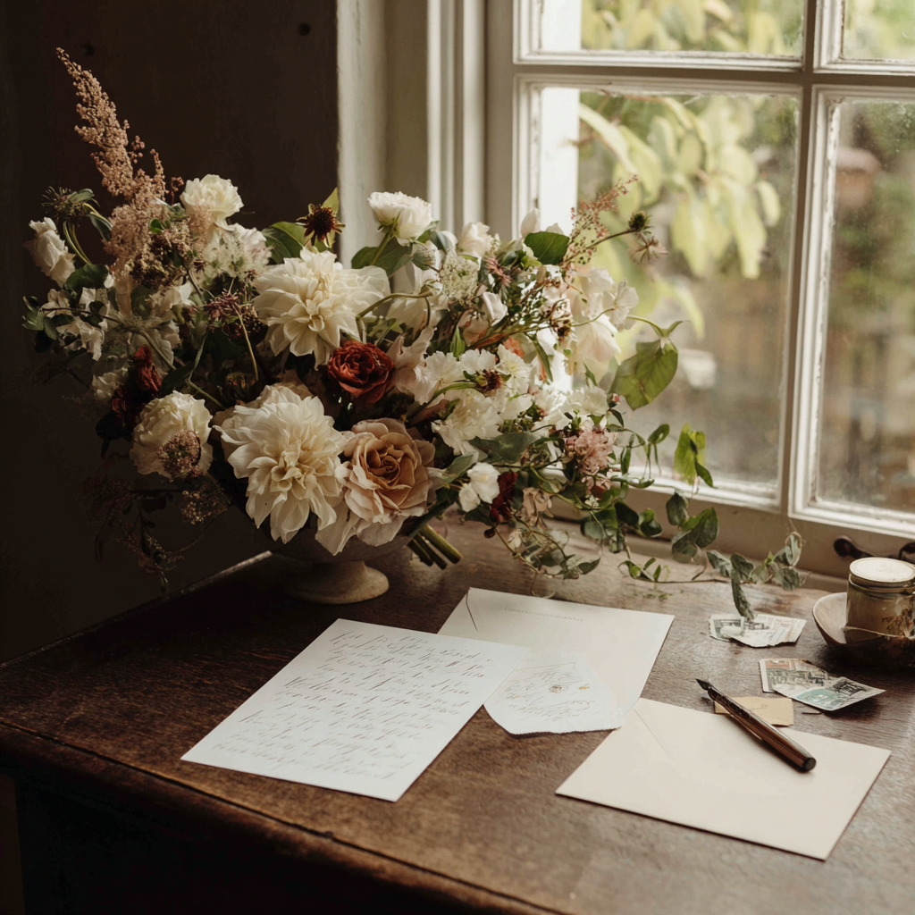Wedding detail photo with invitations and personal heirloom
