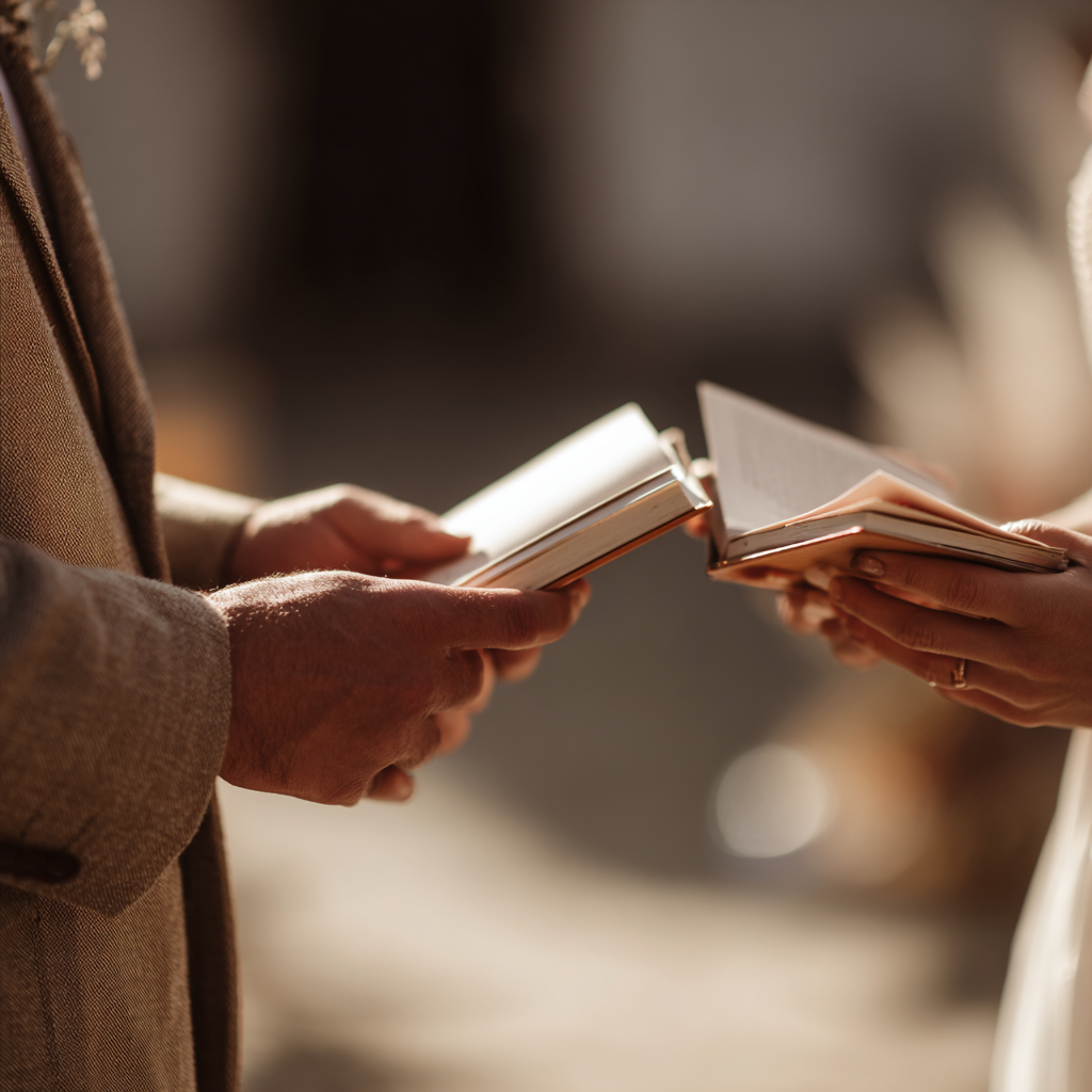 Audio-forward wedding film close-up of hands holding vow books during the ceremony