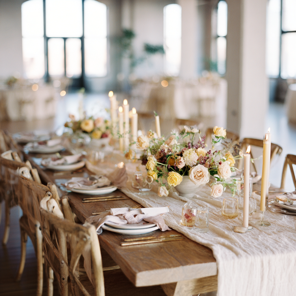 Luxury wedding photography featuring editorial reception details with candlelight and textured linens