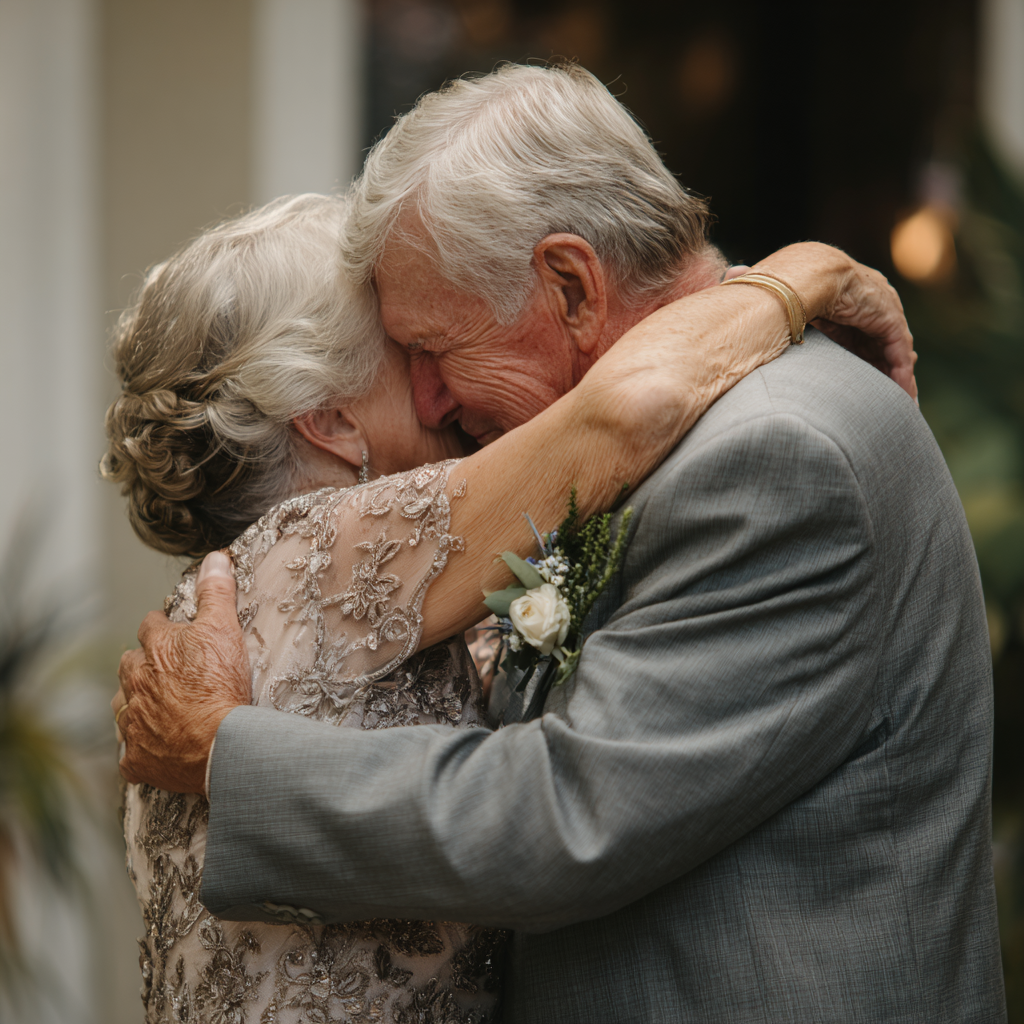 candid micro wedding photo of couple hugging parent
