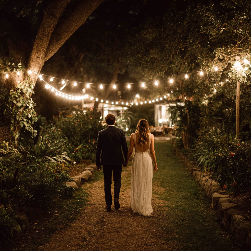 intimate wedding night photo under string lights