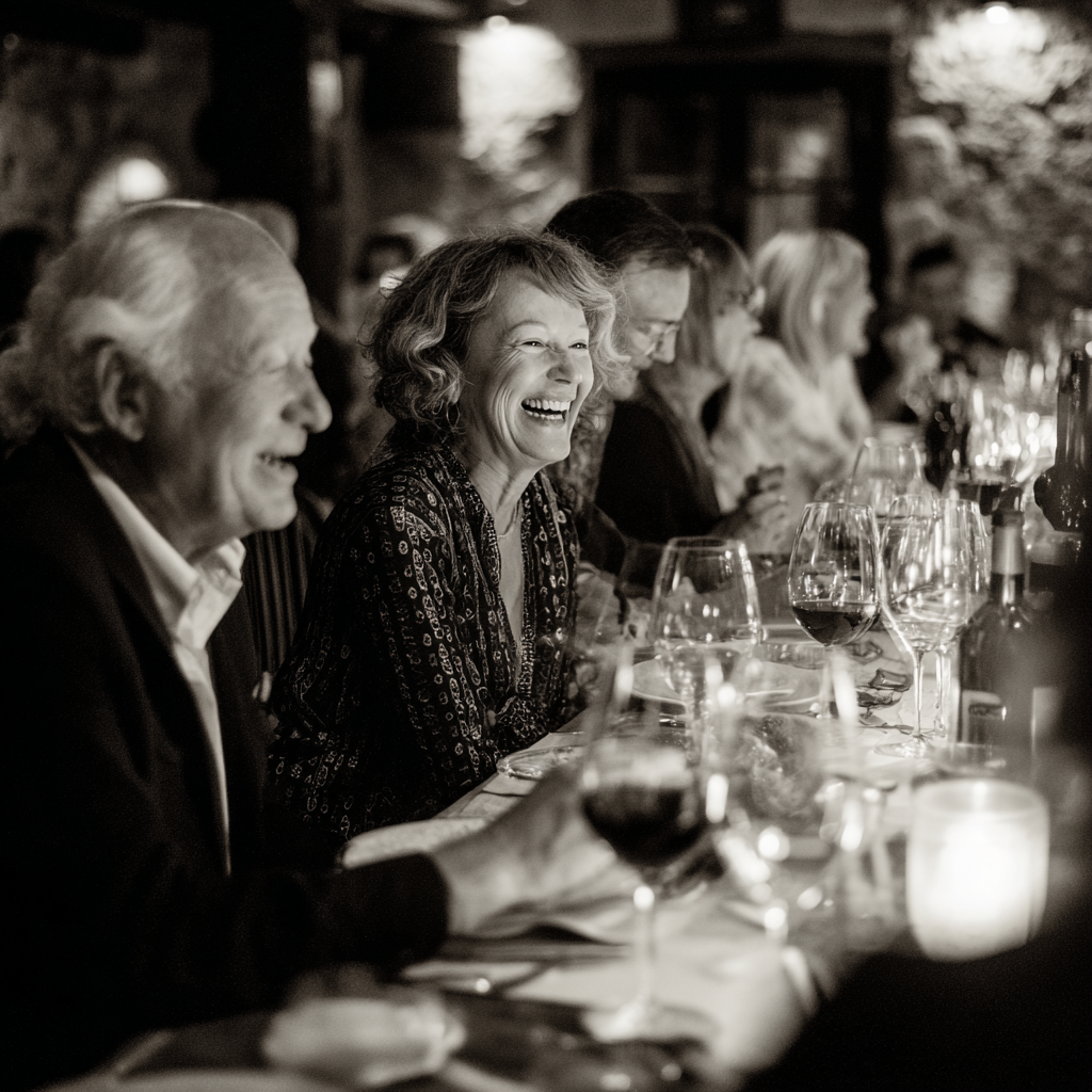 documentary wedding photo of guests enjoying dinner conversation