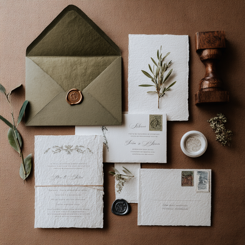 italy-inspired wedding invitations with textured paper and greenery