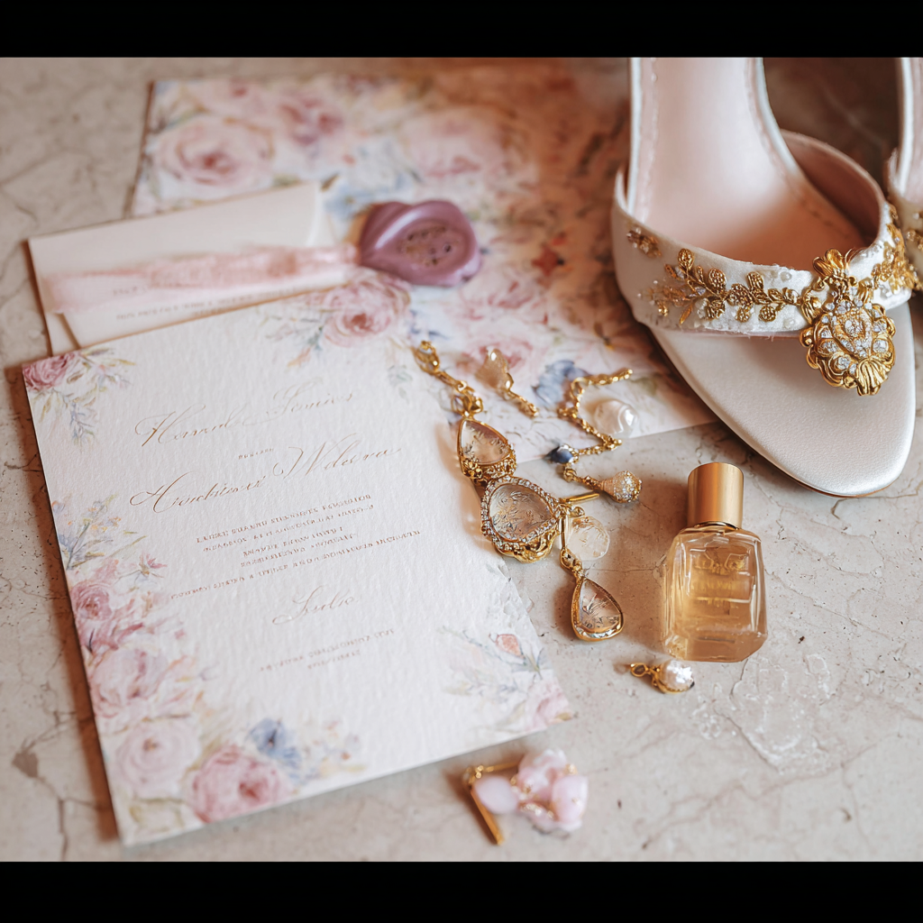 editorial wedding detail photo of invitations and heirloom jewelry
